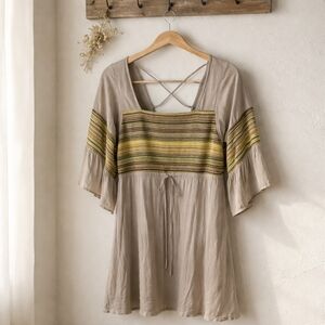 Vintage Boho Tan and Yellow Mini Dress